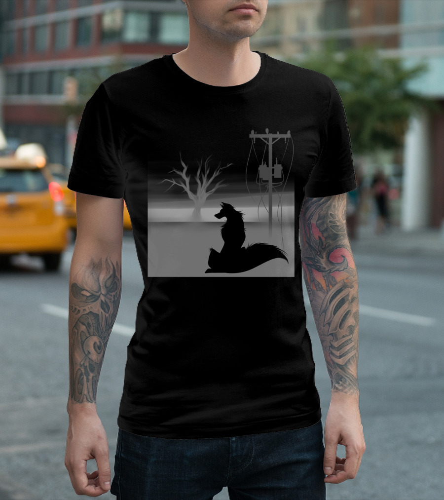 End of Days Silhouette: Wolf and Barren Tree Under Stormy Skies T-Shirt