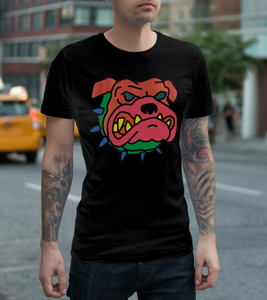 Mad Dog Cartoon Spiked Collar Angry Face T-Shirt