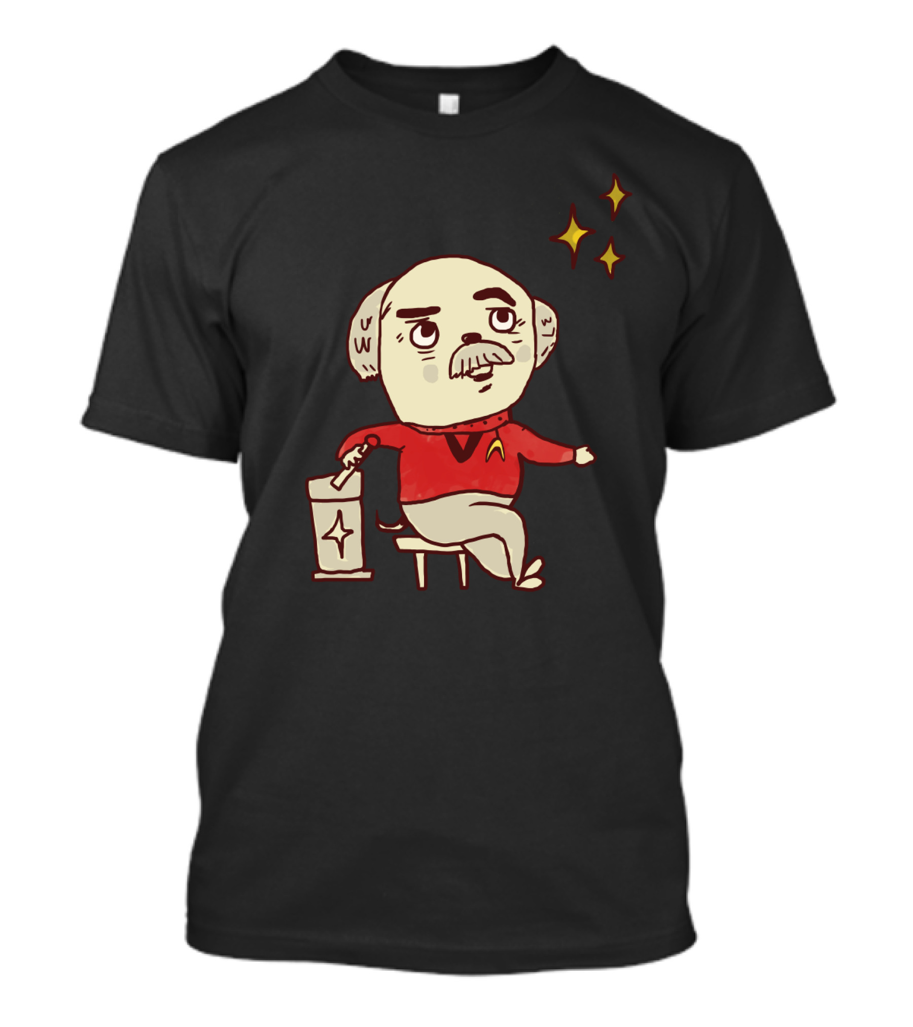 Beam Me Up Scotty Dog Star Trek Parody With Mustached Cartoon Character In Space Uniform T-Shirt