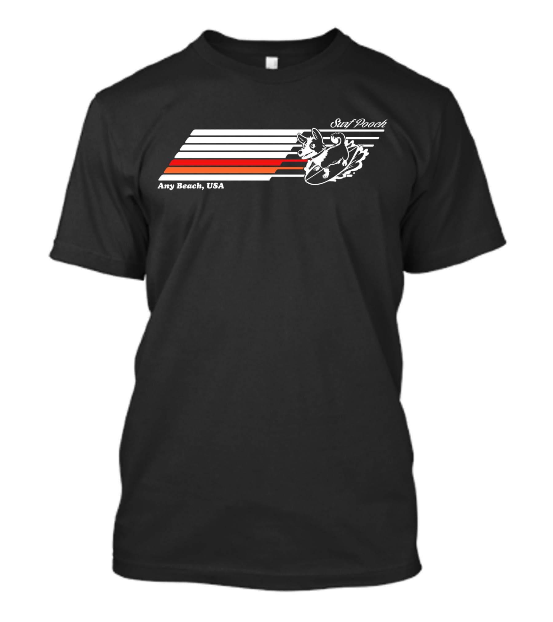 Surf Pooch Any Beach USA Retro Striped Surfing Dog T-Shirt