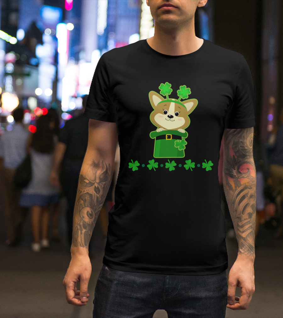 Corgi Dressed As Leprechaun With Clover Accessories Organic Short Sleeved Baby Bodysuit T-Shirt