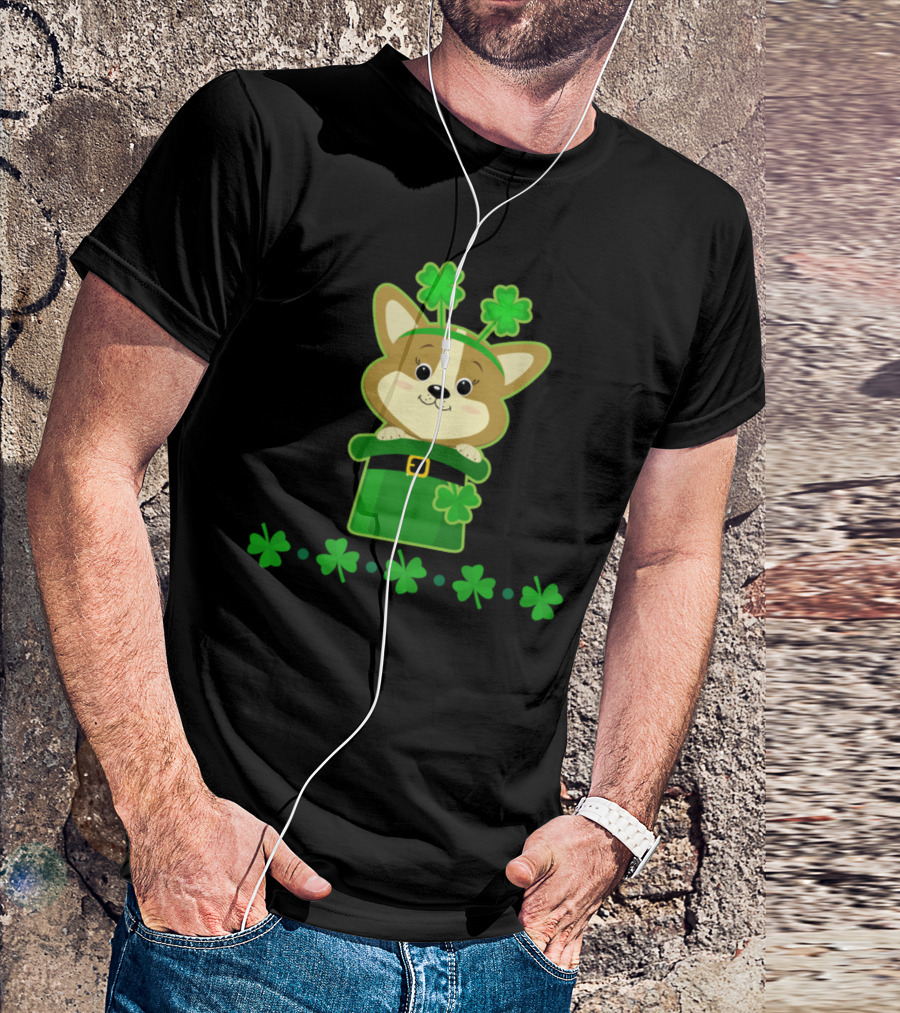 Corgi Dressed As Leprechaun With Clover Accessories Organic Short Sleeved Baby Bodysuit T-Shirt