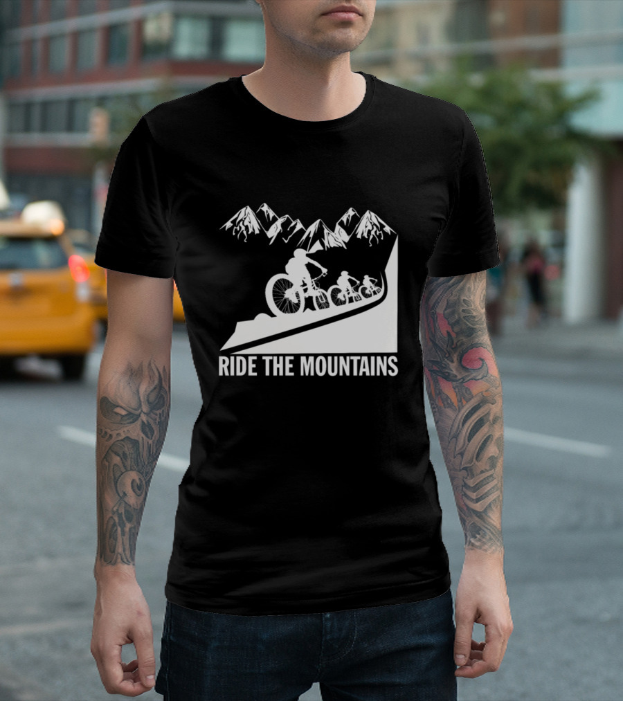 Ride The Mountains MTB Cycling Adventure With Mountain Biking Silhouette And Peaks T-Shirt