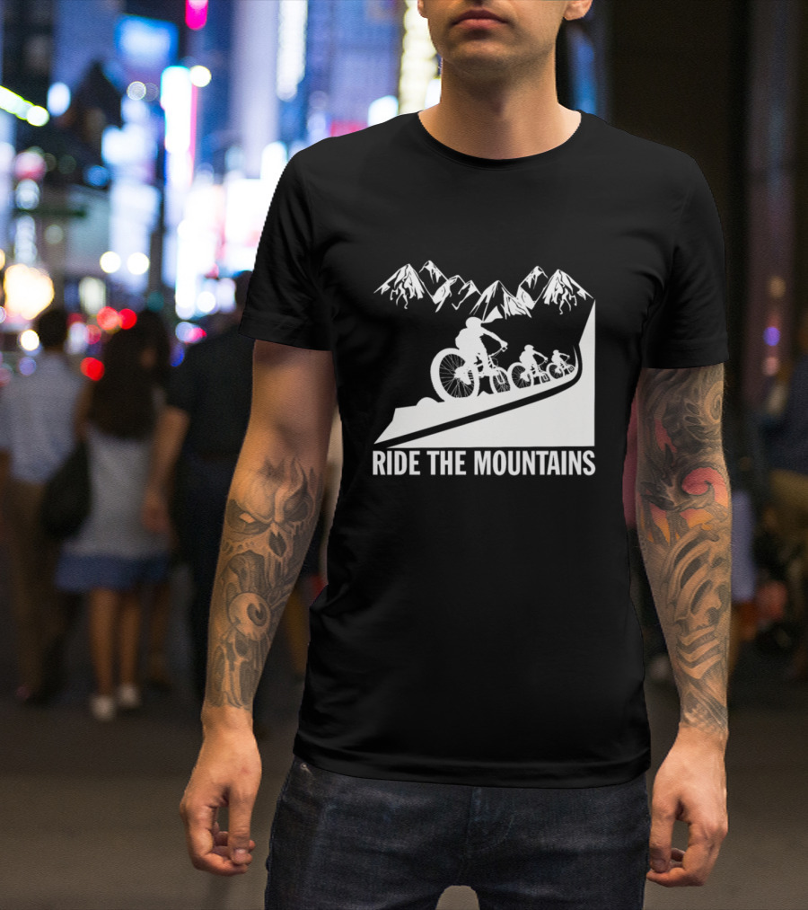 Ride The Mountains MTB Cycling Adventure With Mountain Biking Silhouette And Peaks T-Shirt