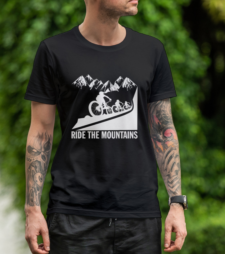 Ride The Mountains MTB Cycling Adventure With Mountain Biking Silhouette And Peaks T-Shirt