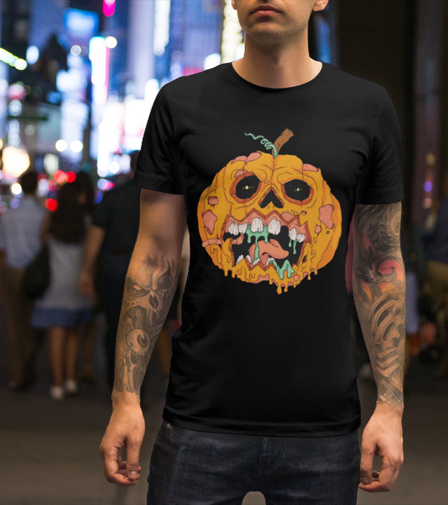Zombie Pumpkin Creepy Face With Rotting Teeth And Oozing Green Slime T-Shirt