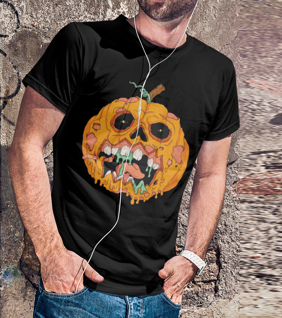 Zombie Pumpkin Creepy Face With Rotting Teeth And Oozing Green Slime T-Shirt