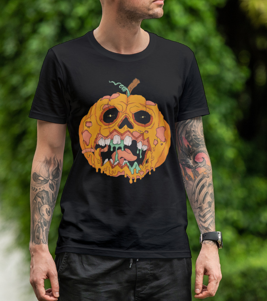 Zombie Pumpkin Creepy Face With Rotting Teeth And Oozing Green Slime T-Shirt