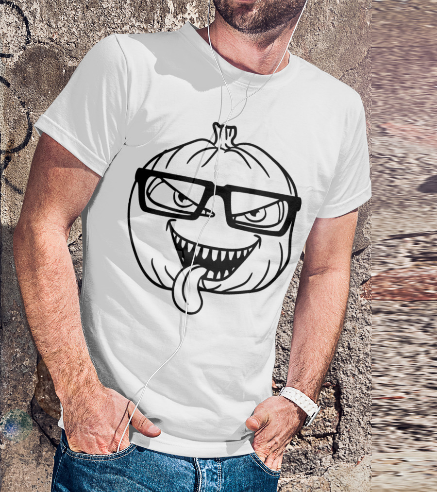 Geek Nerd Glasses Pumpkin Monster Face T-Shirt