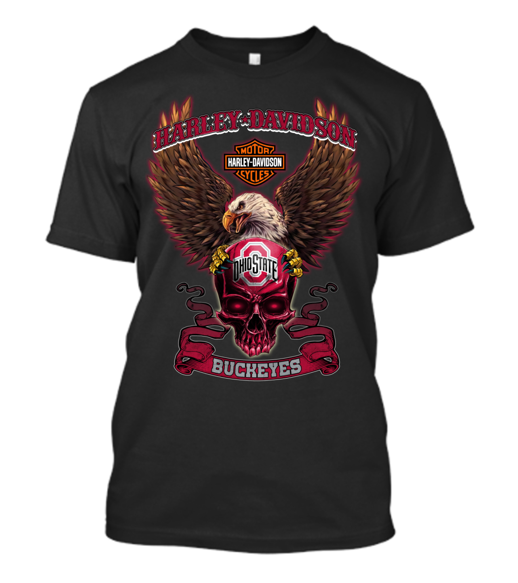 Harley Davidson Motor Ohio State Buckeyes Eagle Skull T-Shirt