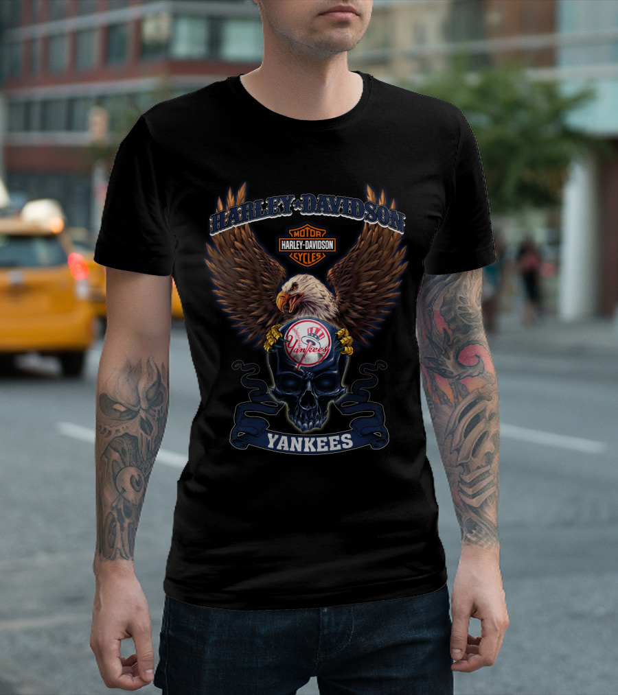 Harley Davidson Motor Cycles Yankees Eagle Badge T-Shirt