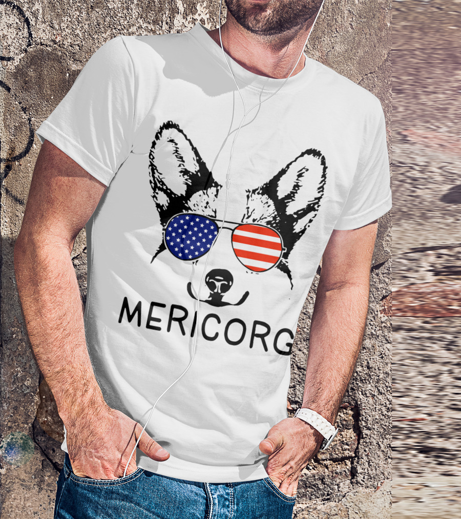 Corgi With American Flag Sunglasses Funny Mericorg Dog T-Shirt