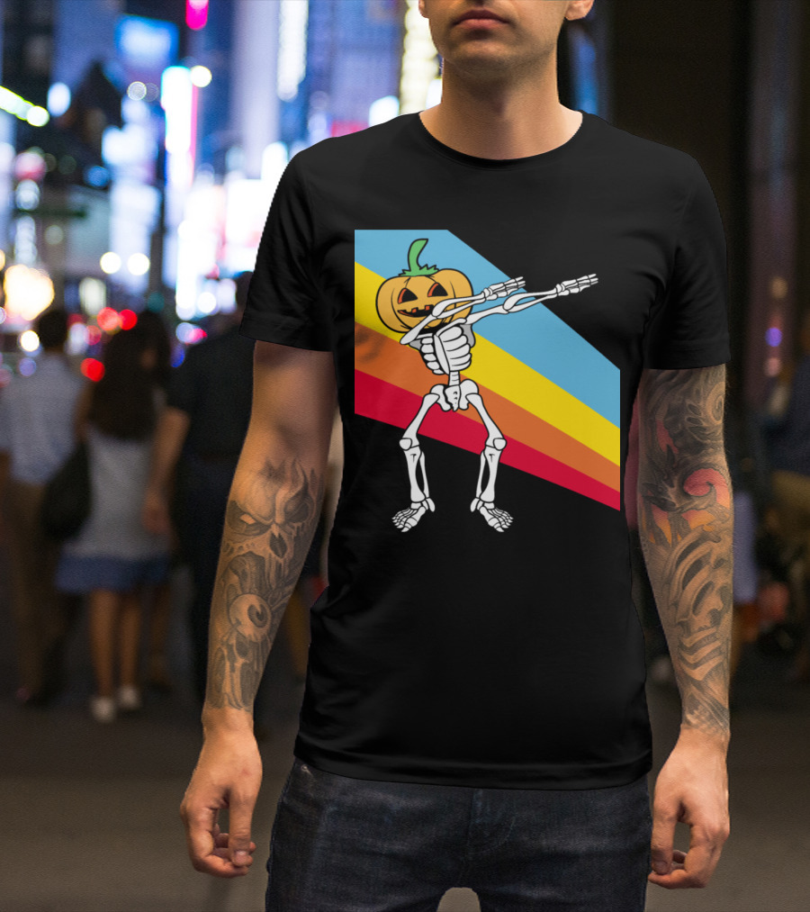 Vintage Dabbing Skeleton With Pumpkin Head Halloween T-Shirt