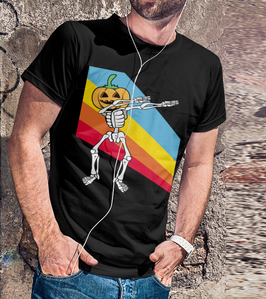 Vintage Dabbing Skeleton With Pumpkin Head Halloween T-Shirt