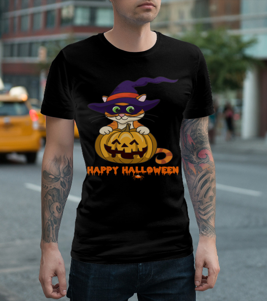 Happy Halloween Cat In Witch Hat With Pumpkin T-Shirt