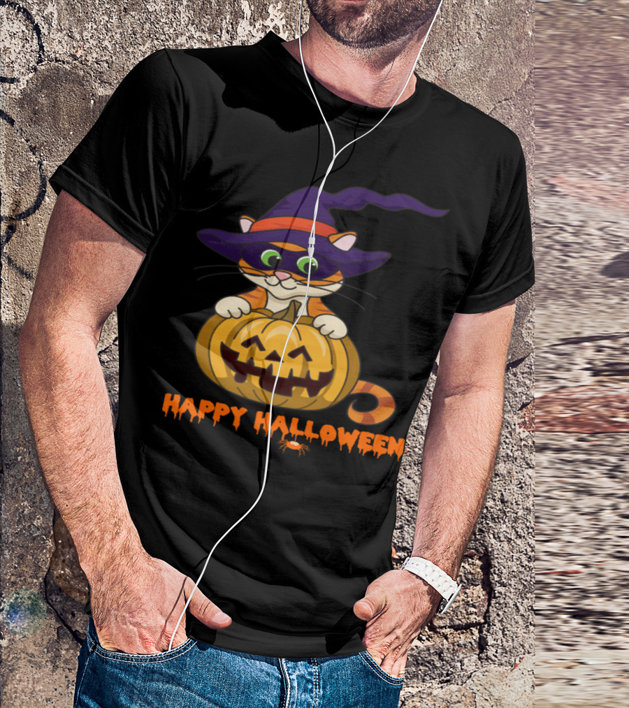 Happy Halloween Cat In Witch Hat With Pumpkin T-Shirt