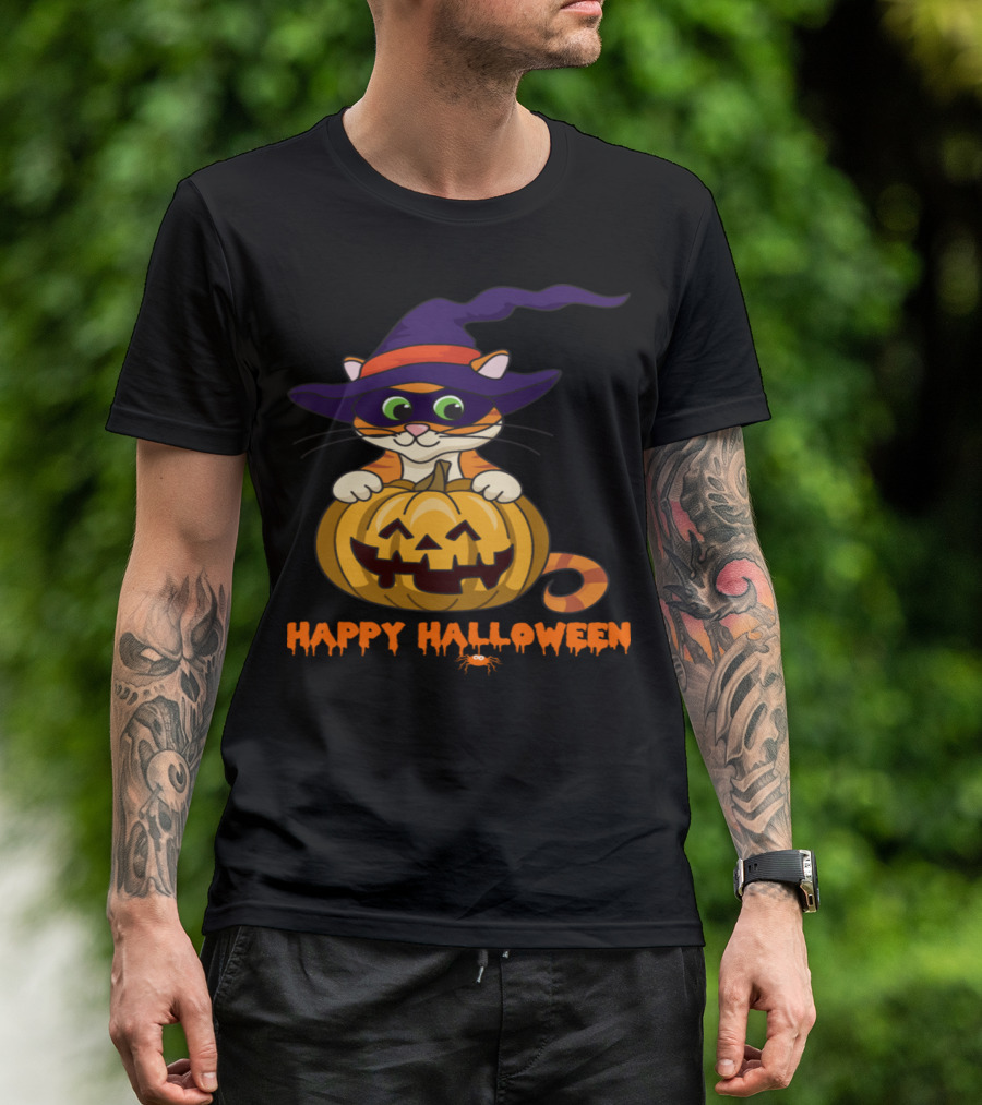 Happy Halloween Cat In Witch Hat With Pumpkin T-Shirt