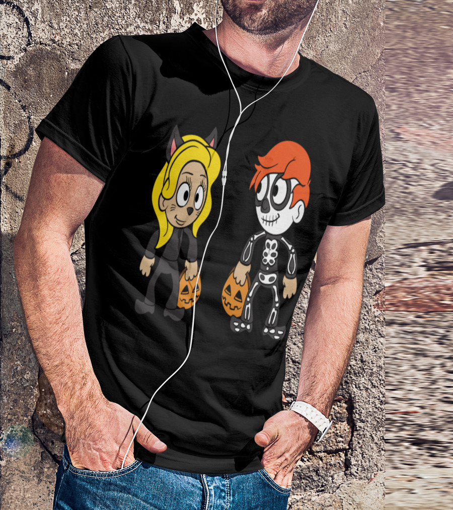 Halloween Trick Or Treat Cat Costume And Skeleton With Pumpkin Buckets T-Shirt
