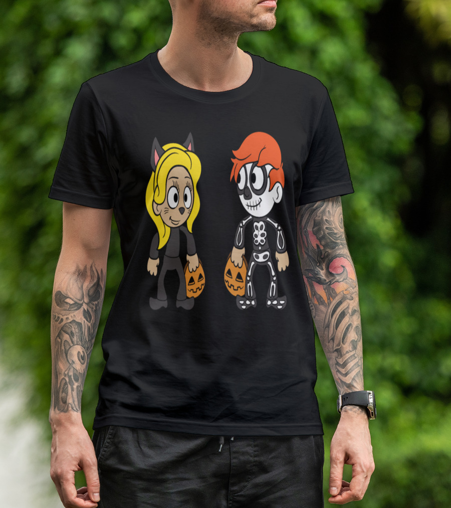 Halloween Trick Or Treat Cat Costume And Skeleton With Pumpkin Buckets T-Shirt