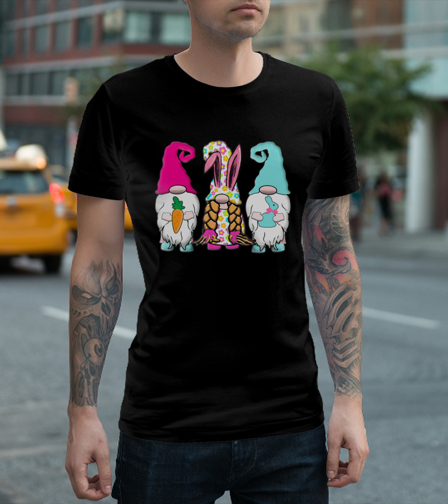 3 Easter Gnomes Pastel Spring Bunny Ears Rabbit Carrot Floral T-Shirt