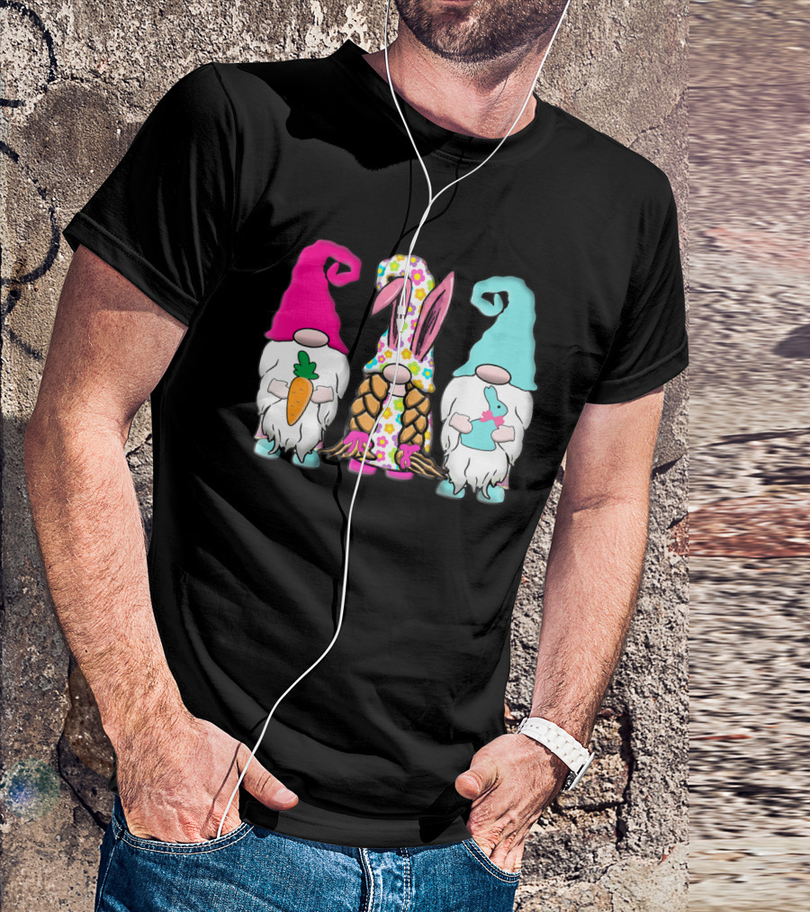 3 Easter Gnomes Pastel Spring Bunny Ears Rabbit Carrot Floral T-Shirt