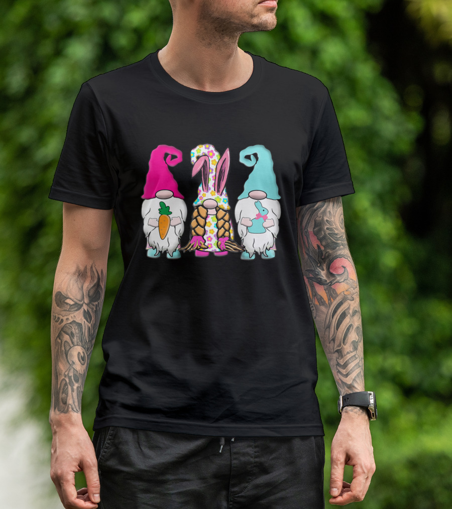 3 Easter Gnomes Pastel Spring Bunny Ears Rabbit Carrot Floral T-Shirt