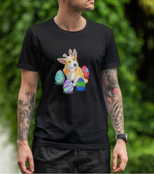 Corgi With Bunny Ears Surrounded By Colorful Easter Eggs T-Shirt