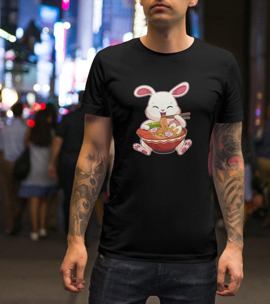 Kawaii Japanese Easter Bunny Eating Ramen Noodles With Egg T-Shirt