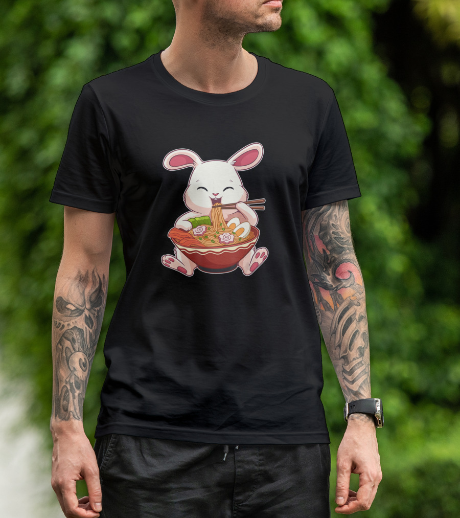 Kawaii Japanese Easter Bunny Eating Ramen Noodles With Egg T-Shirt