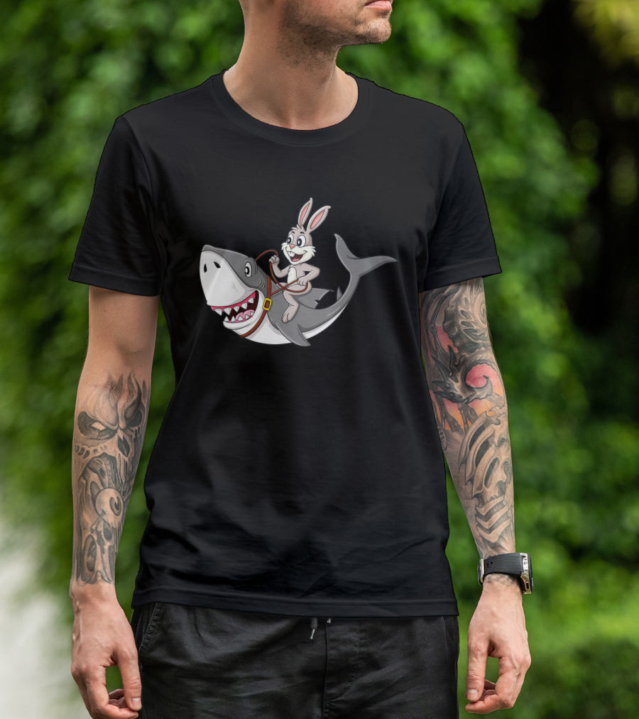 Rabbit Riding Shark Cartoon Easter Humor T-Shirt