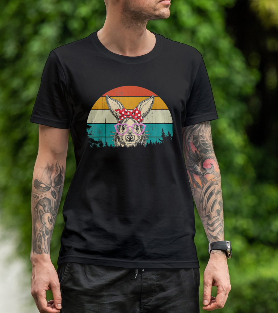 Vintage Bunny Rabbit Pink Glasses Hipster Easter Retro Sunset Bow Tie T-Shirt