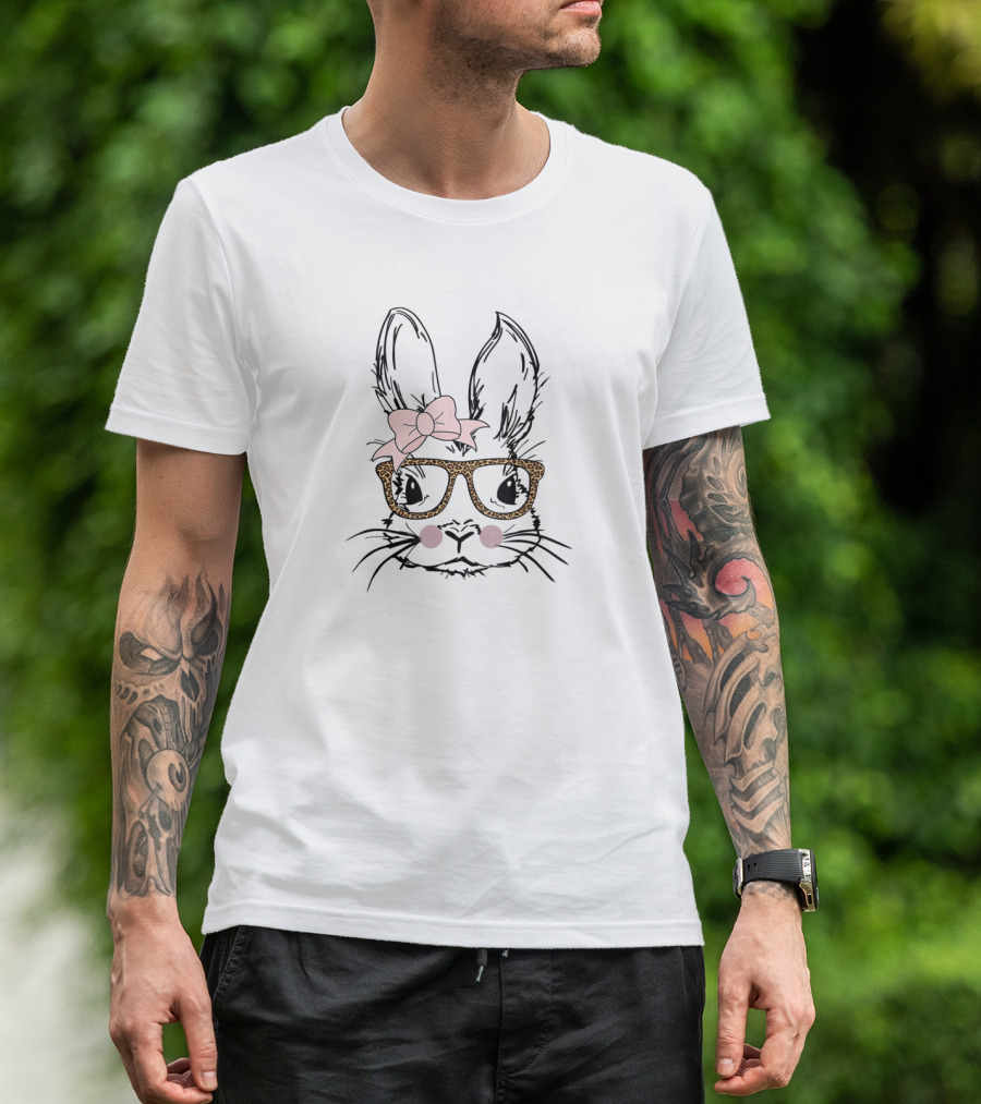 Cute Easter Bunny Face With Leopard Print Glasses And Bow T-Shirt