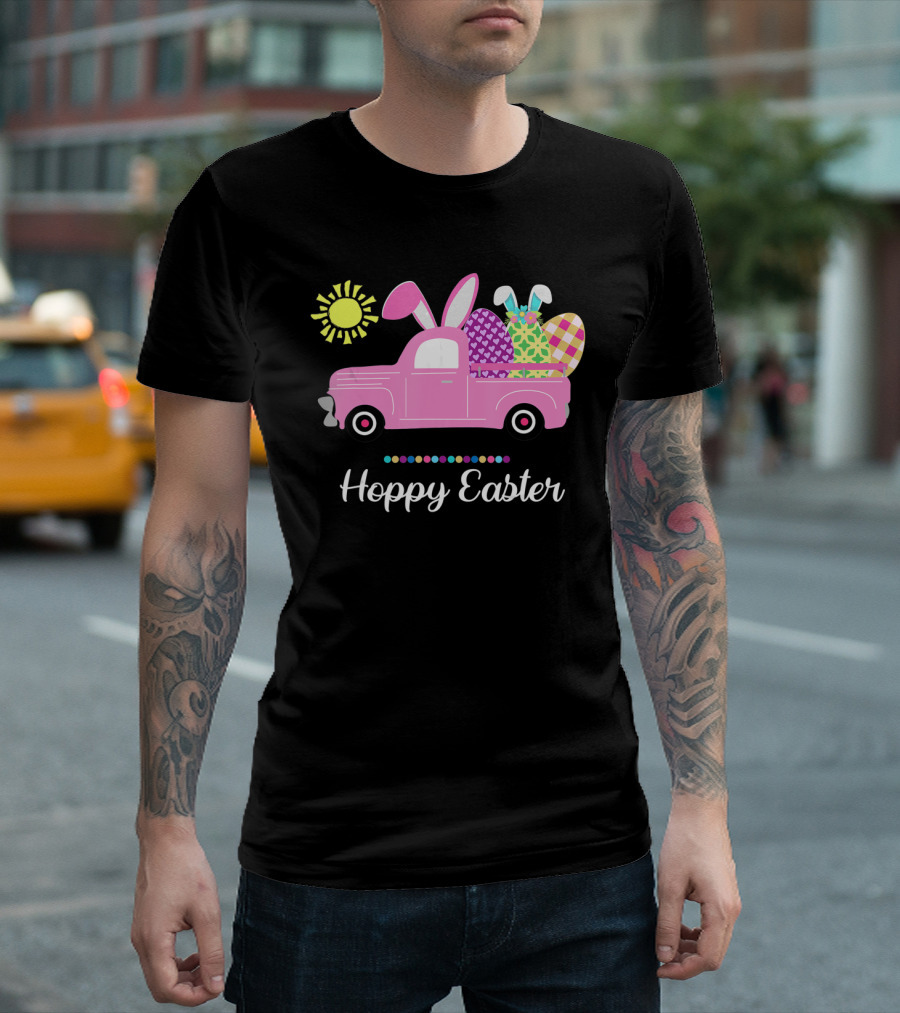 Hoppy Easter Bunny Truck with Eggs and Sun Spring Pun T-Shirt