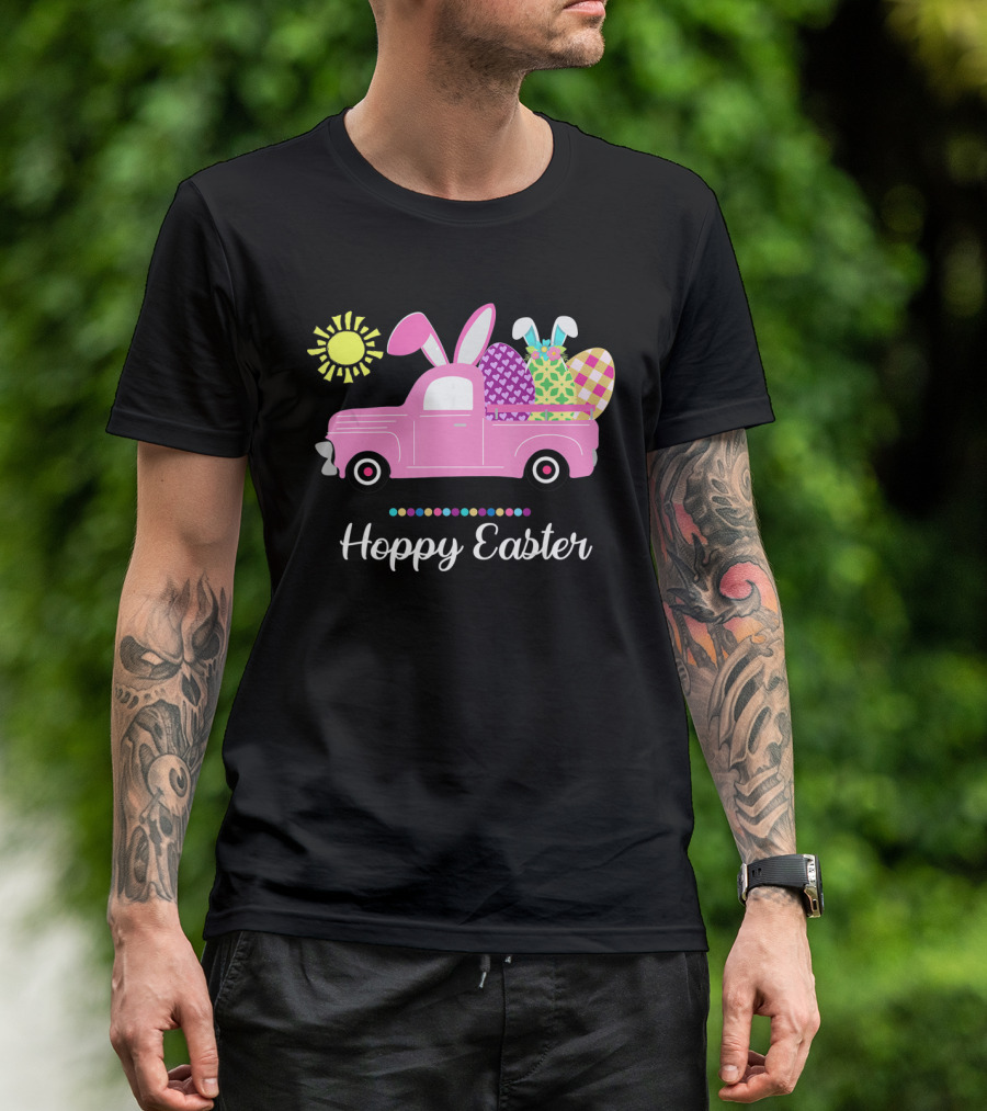 Hoppy Easter Bunny Truck With Eggs And Sun Spring Pun T-Shirt