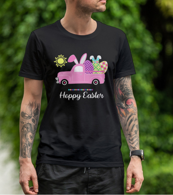 Hoppy Easter Bunny Truck With Eggs And Sun Spring Pun T-Shirt