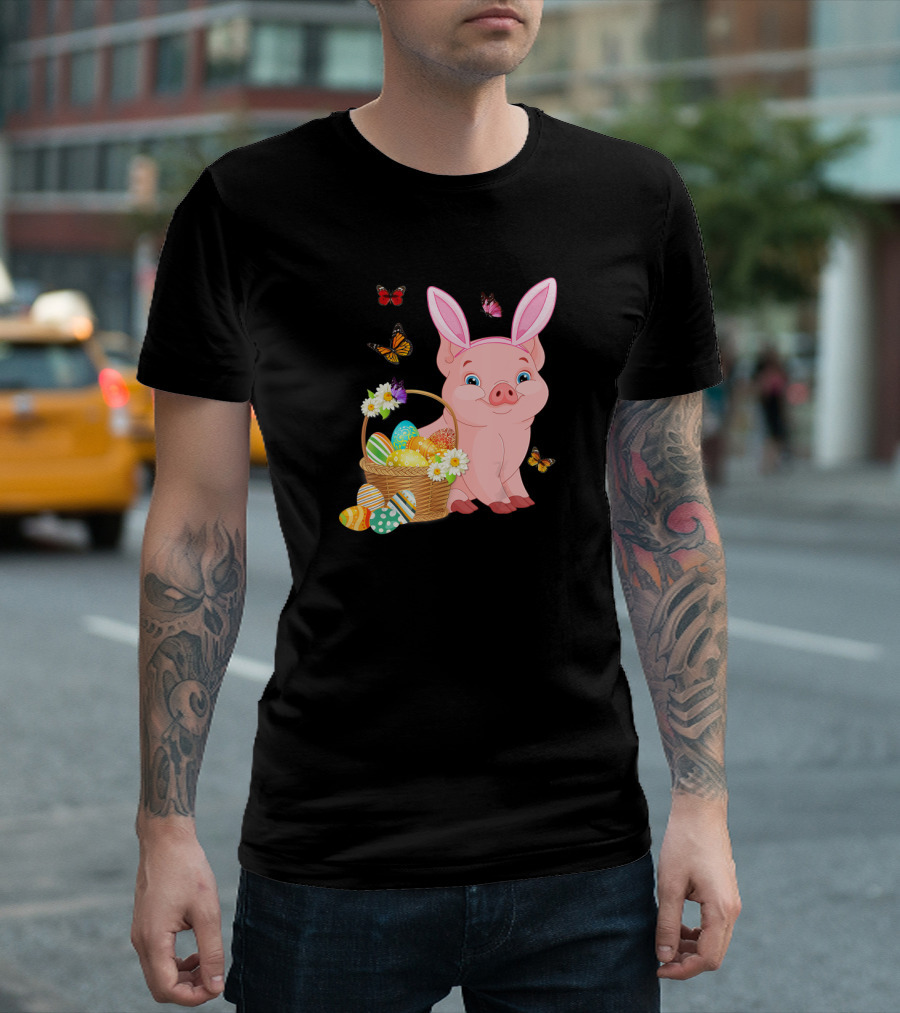 Pig Wearing Bunny Ears with Easter Egg Basket and Butterflies T-Shirt