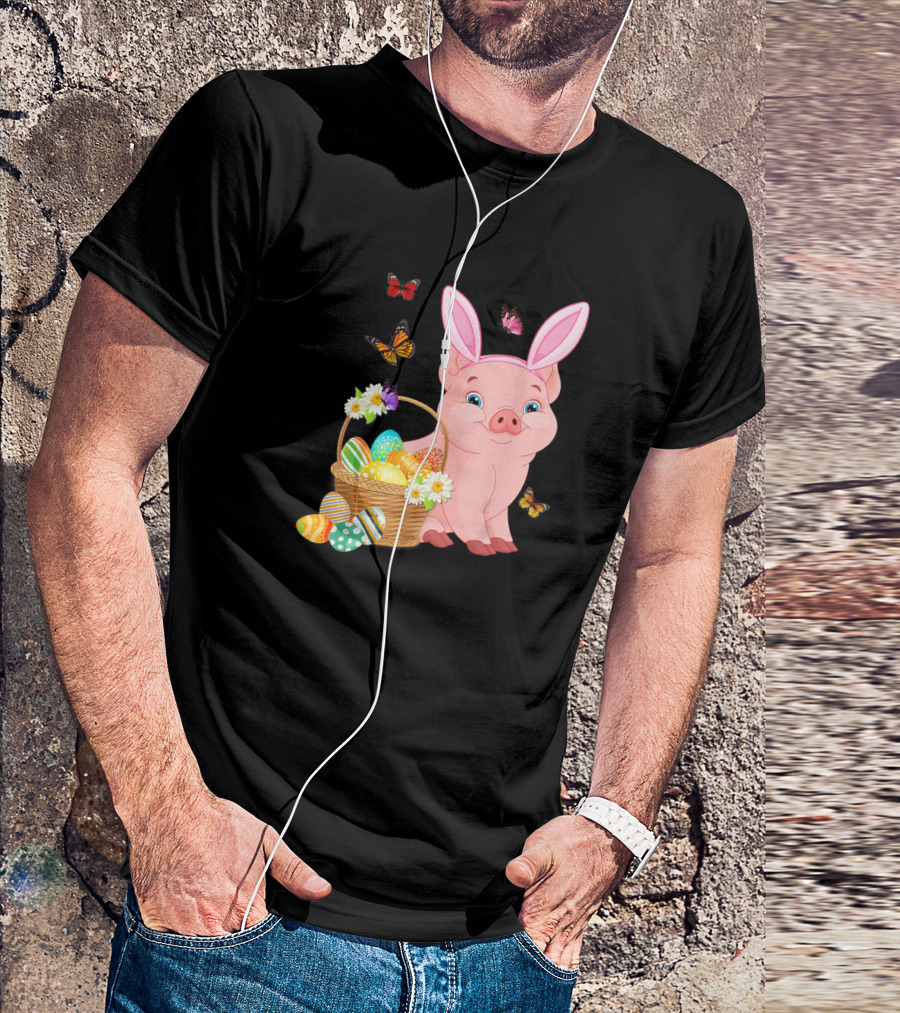 Pig Wearing Bunny Ears With Easter Egg Basket And Butterflies T-Shirt