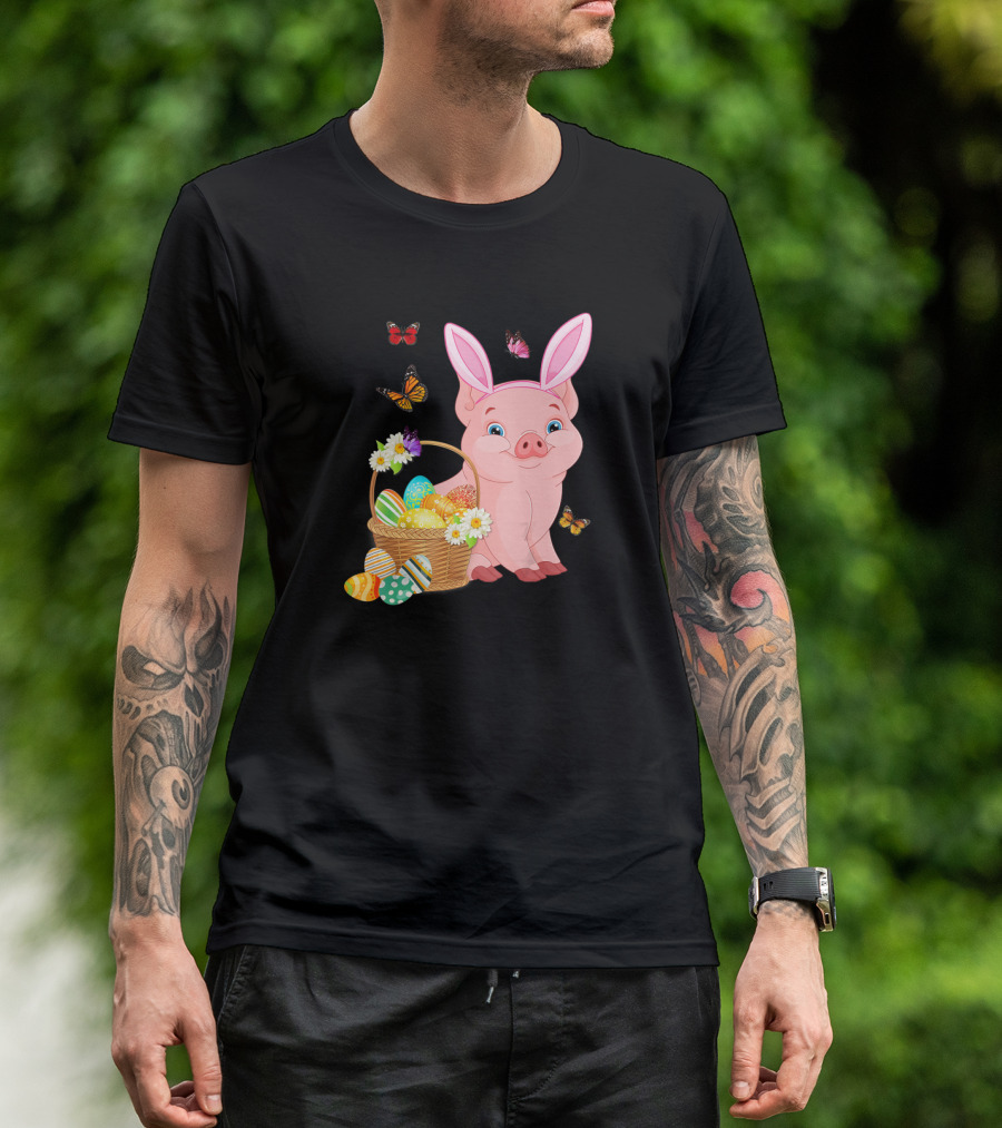 Pig Wearing Bunny Ears With Easter Egg Basket And Butterflies T-Shirt