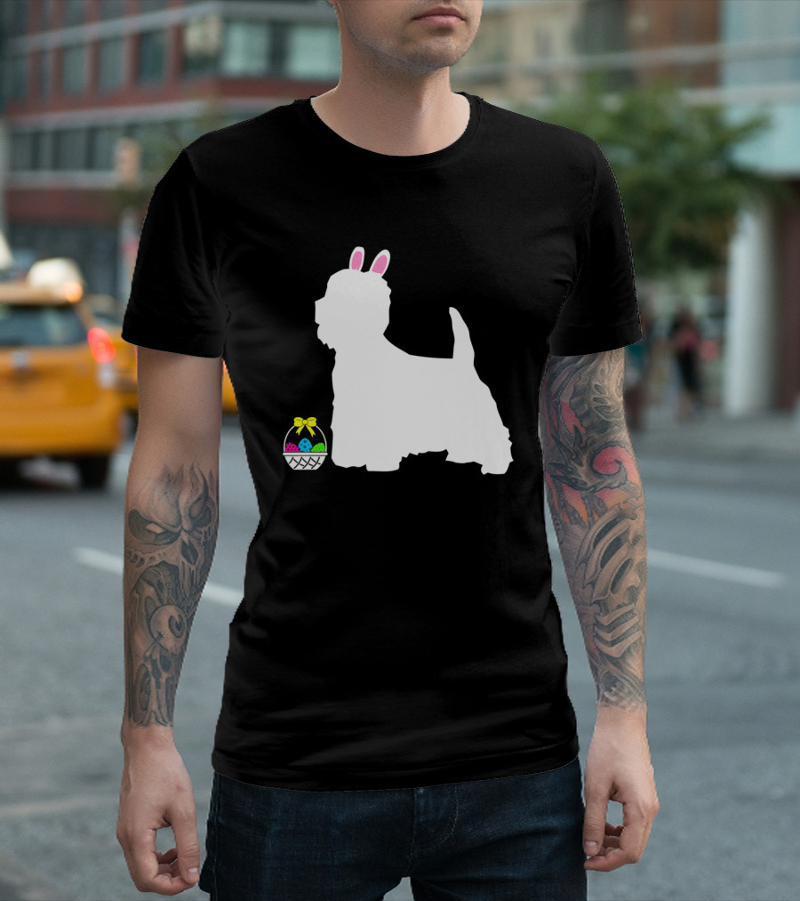 Westie West Highland Terrier Easter Bunny Dog with Colorful Egg Basket T-Shirt