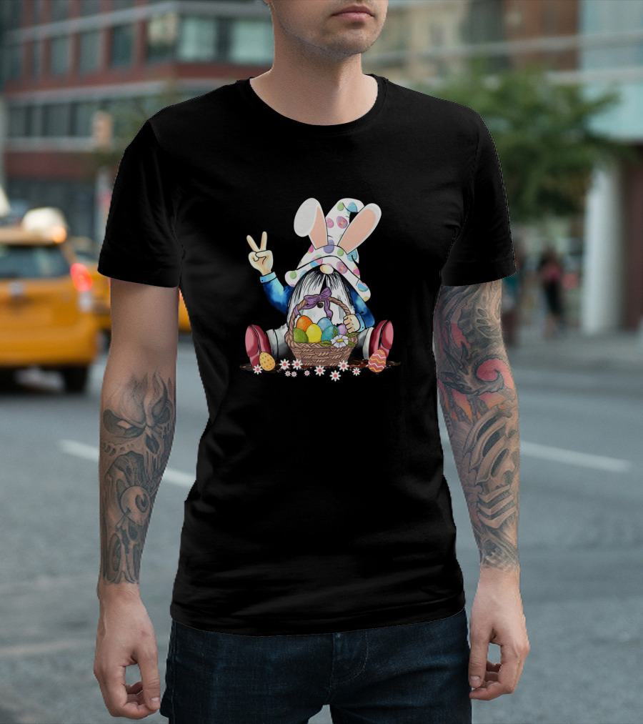 Gnome Easter Hippie Peace Sign Egg Basket Rabbit Hat T-Shirt