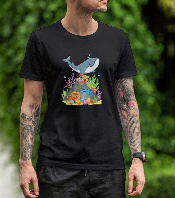 Whale Easter Day Funny Whale With Colorful Eggs And Coral Reef Scene T-Shirt