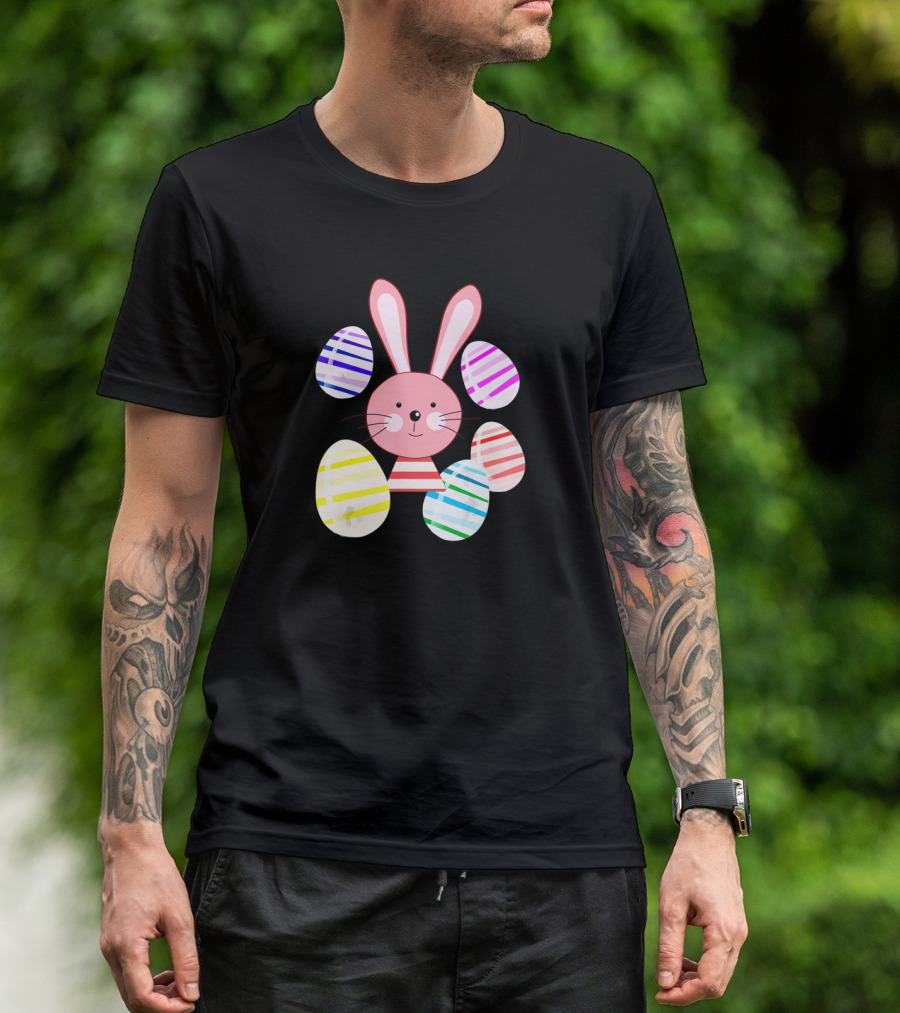 Happy Easter Bunny And Colorful Striped Easter Eggs T-Shirt