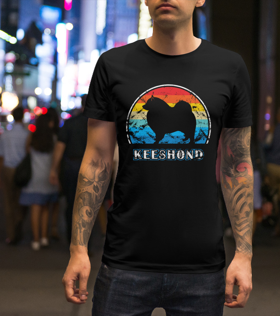 Keeshond Retro Silhouette Rainbow Stripes T-Shirt