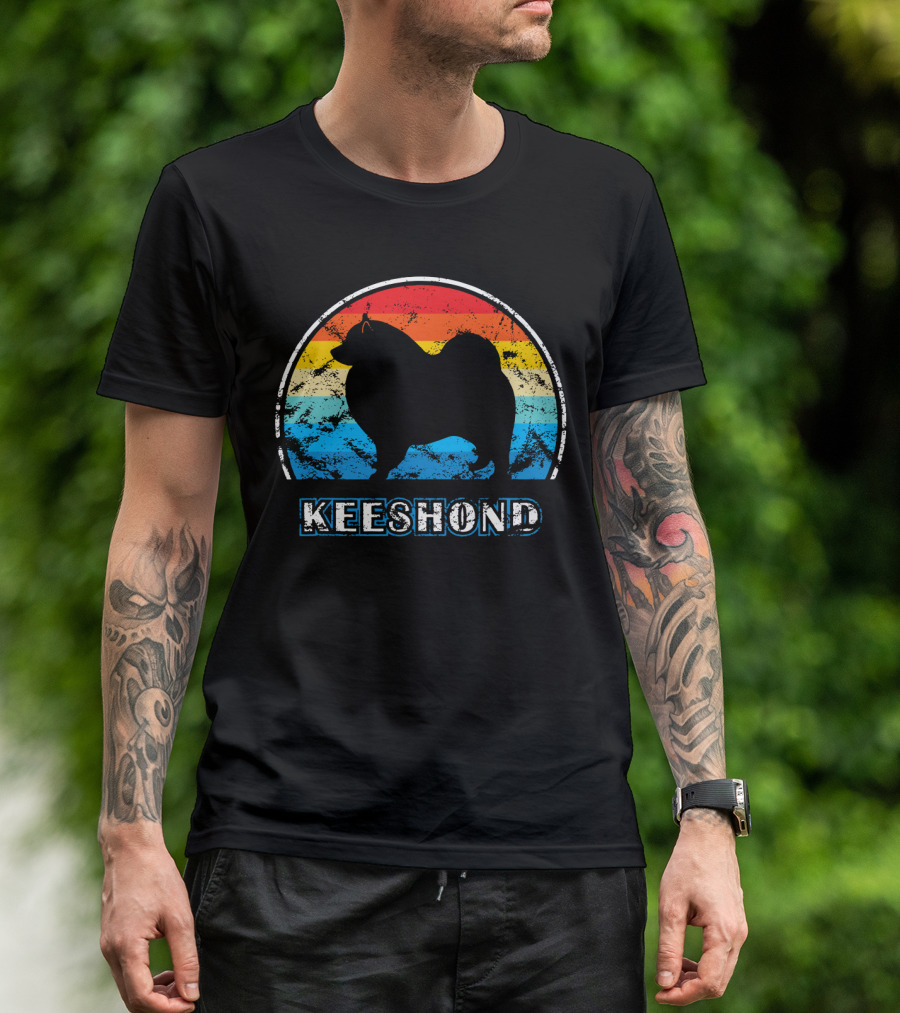 Keeshond Retro Silhouette Rainbow Stripes T-Shirt