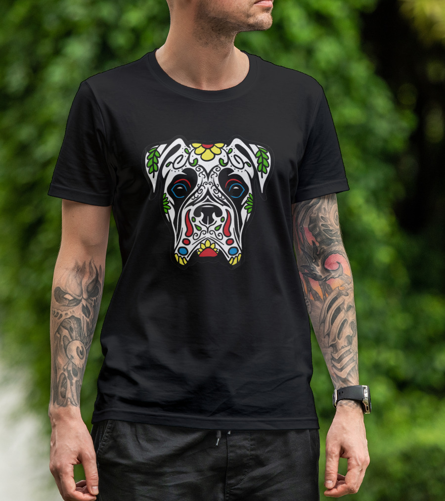 Boxer Sugar Skull Dog Design White Day Of The Dead T-Shirt