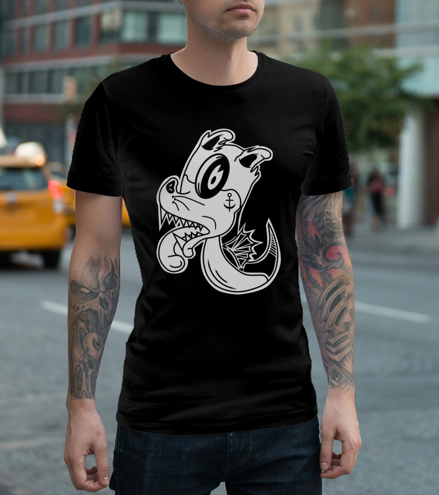 Sea Dog Cartoon Monster with Anchor Tattoo and Sharp Teeth T-Shirt