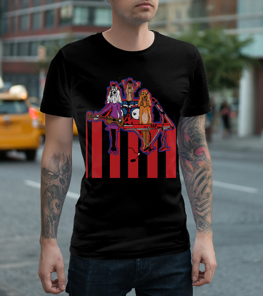 Rockstar Dogs Band Performing with Musical Instruments and Red T-Shirt
