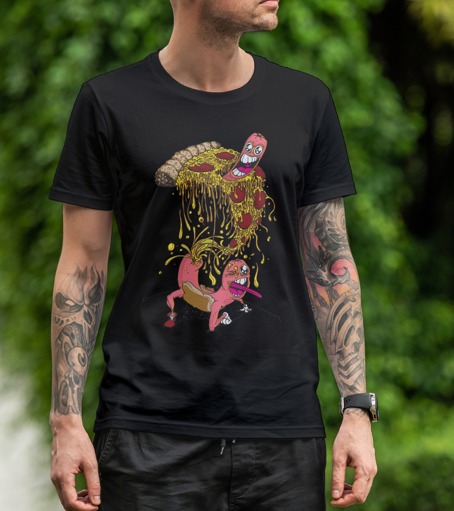 Melting Cheesy Slice And Animated Hot Dog Fun T-Shirt