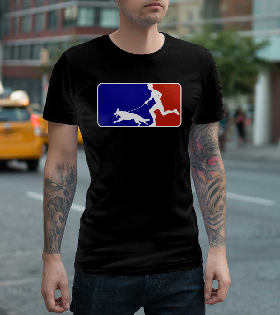 Major League Dog Walker Silhouette with Blue Red Sports T-Shirt