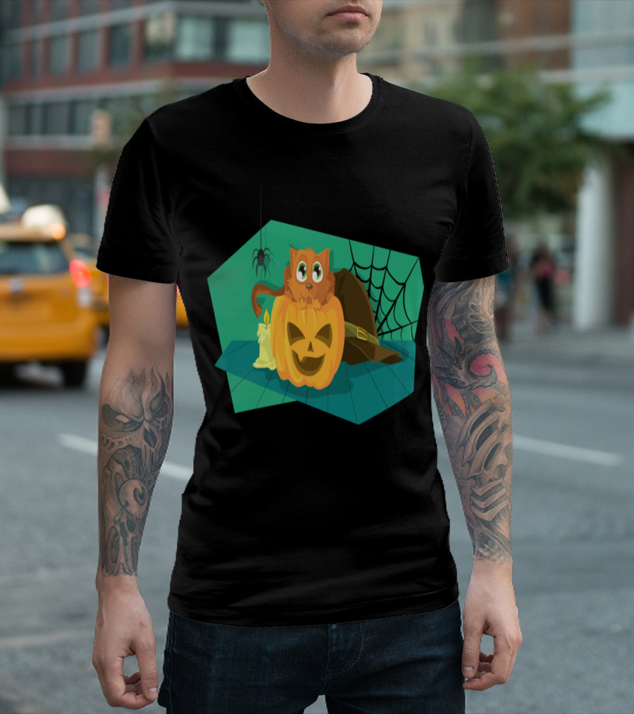 Happy Halloween Cat Atop Pumpkin With Candle And Spider Web T-Shirt